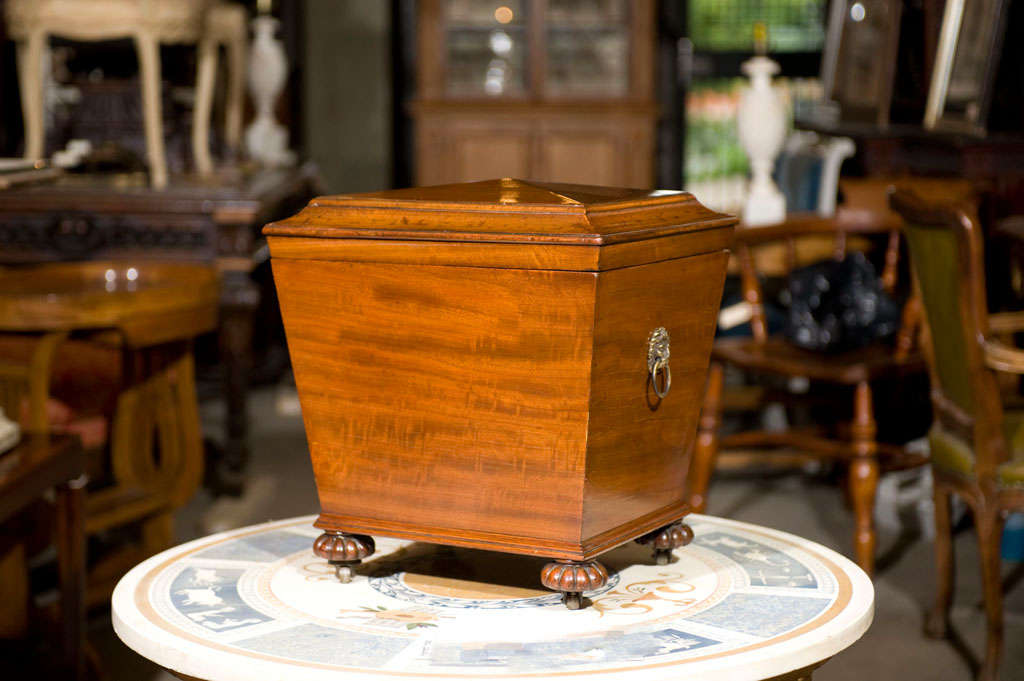 Mahogany cellarette with zinc liner, lion head mounts on the sides and raised diamond lid.