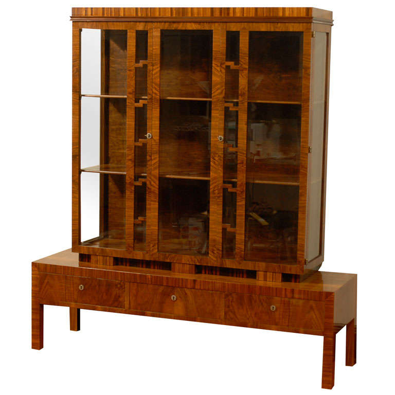 Hungarian Art Deco Walnut Glass Display Cabinet or Vitrine