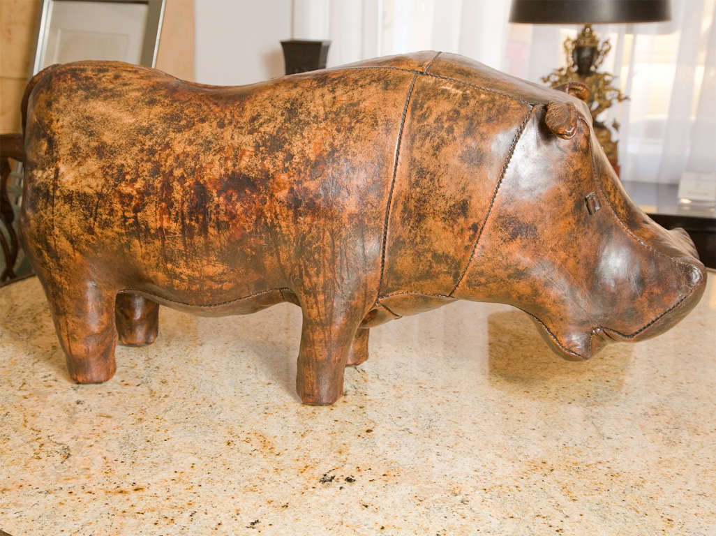 Mid-20th Century Patinated Leather Hippo Stool