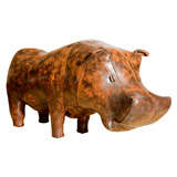 Vintage Patinated Leather Hippo Stool