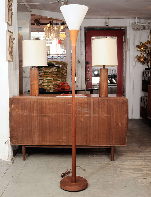 Beautiful, gracefully fluted Danish teak torchiere with lovely frosted glass shade. Imported from Denmark by Laurel. 