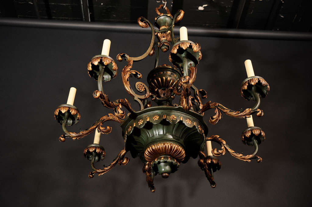 19th Century Gilt and Polychromed Iron Eight Light Chandelier. For Sale