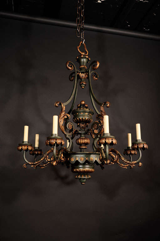 Gilt and Polychromed Iron Eight Light Chandelier. For Sale 2