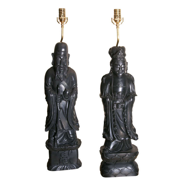 UNIQUE PAIR OF CARVED  ORIENTAL FIGURINE LAMPS