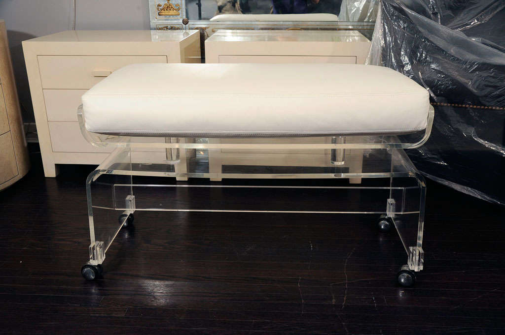 Lucite Bench with White leather cushion and casters