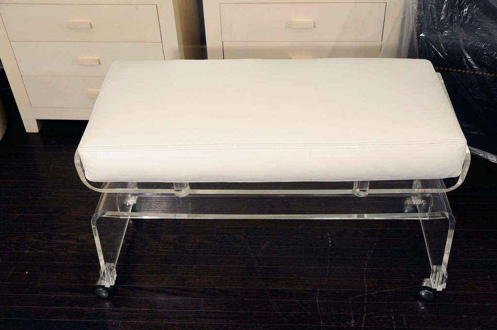 Late 20th Century Lucite Bench with White leather cushion