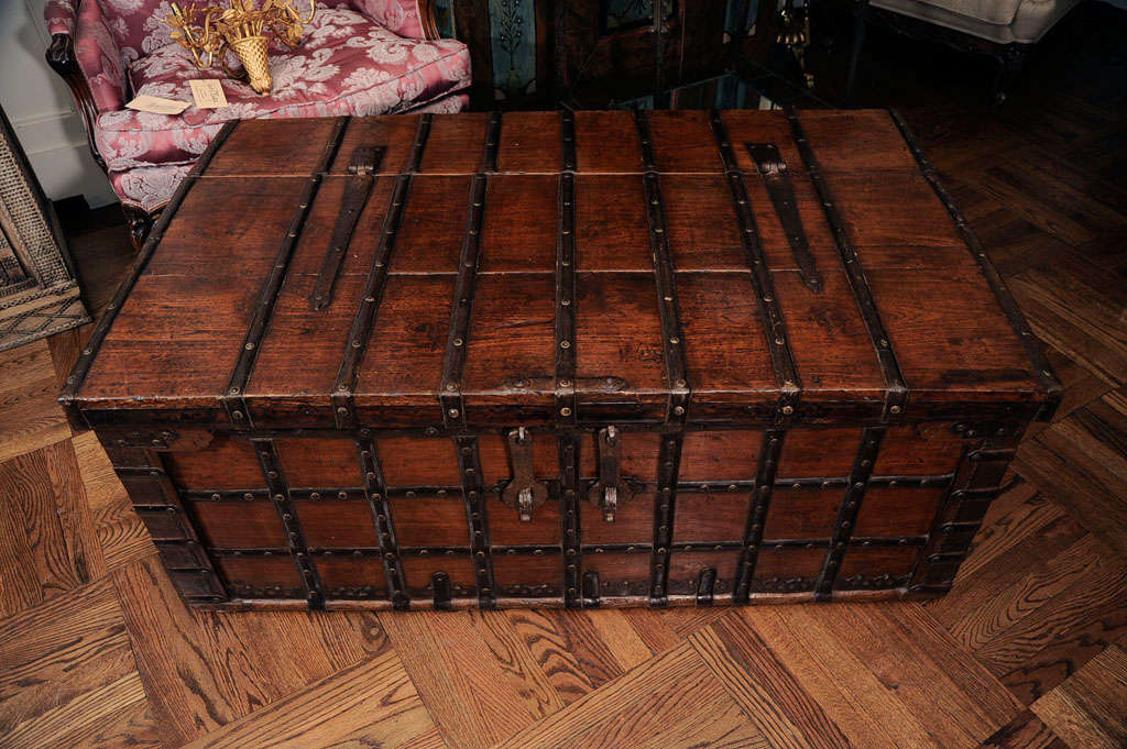 19th Century Oversize Teak & Iron Strapwork Trunk, India, circa 1860