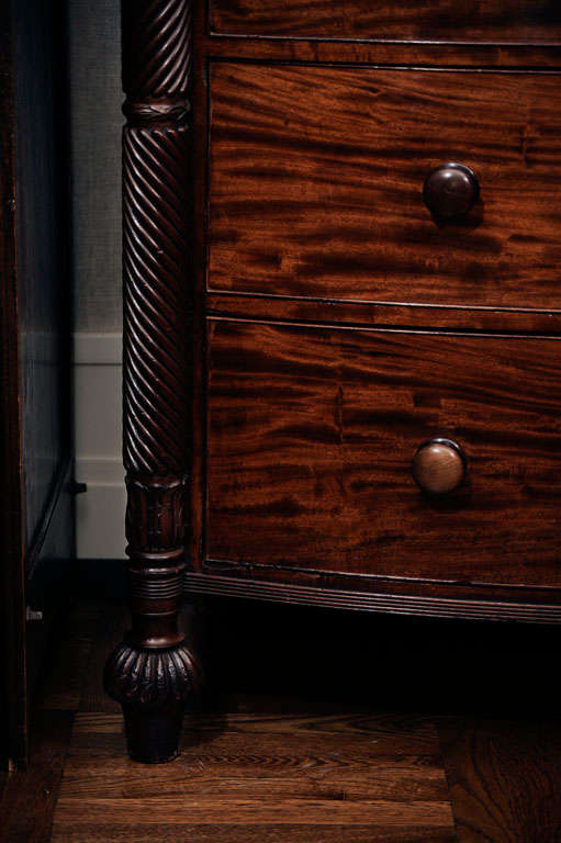 Flame Mahogany Bowfront Gentleman's Chest of Drawers; with Two Short Drawers Over Three Long Drawers Flanked by Two Well Carved Reeded Spiral Columns; Raised on Reeded Bun Feet.  England, c. 1840<br />
<br />
48 inches wide x 23 inches deep x 48