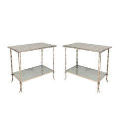 Pair Nickel-Plated Faux Bamboo 2 Tier Tables, England, c. 1950's