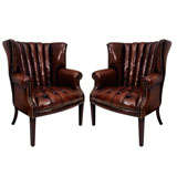 Pair Channel-Back Leather Library Chairs, England, 20th Century