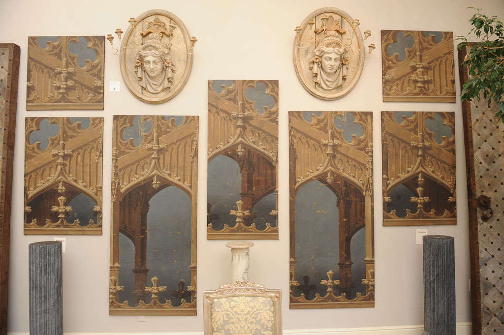 Late 19th Century English Oil on Canvas Theater Panels Depicting Late Gothic Architectural Elements in Tones of Prussian Blue, Vandyke Brown, Pale Taupe and Limestone. The Floral Finials with a Quatre-Foil  Frame Above Arched Openings. Circa 1880.