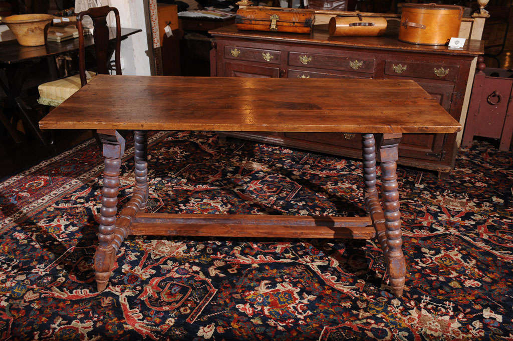 Walnut Spanish Trestle Table with Painted Bobbin Turned Legs For Sale