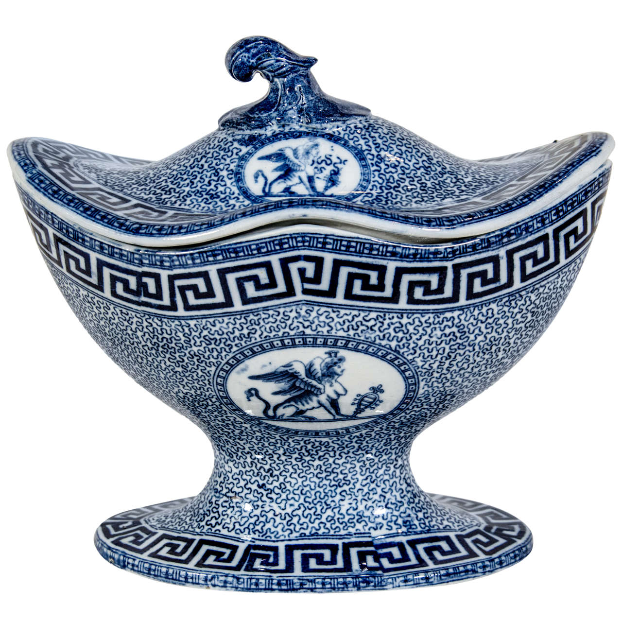 Blue and White Staffordshire Neoclassical Tureen w/ Greek Key