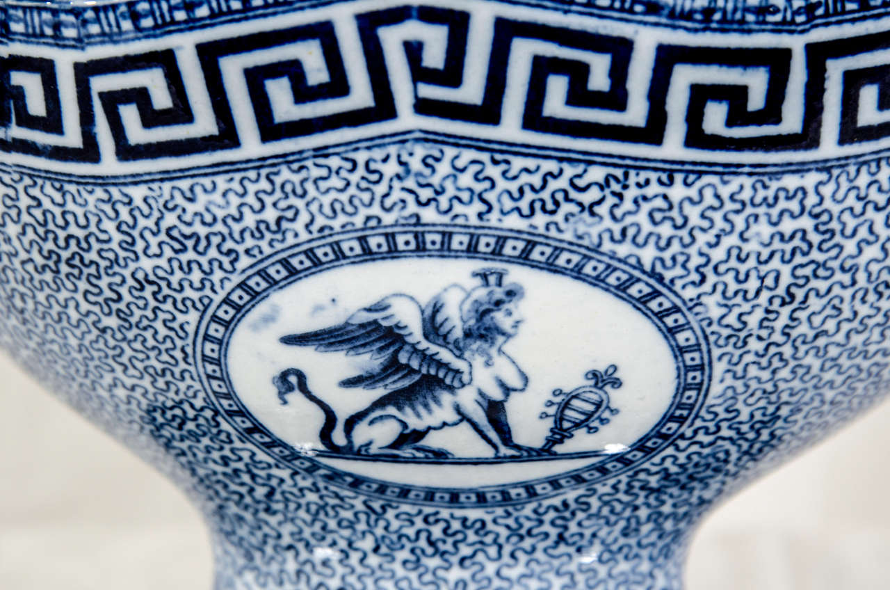 British Blue and White Staffordshire Neoclassical Tureen w/ Greek Key
