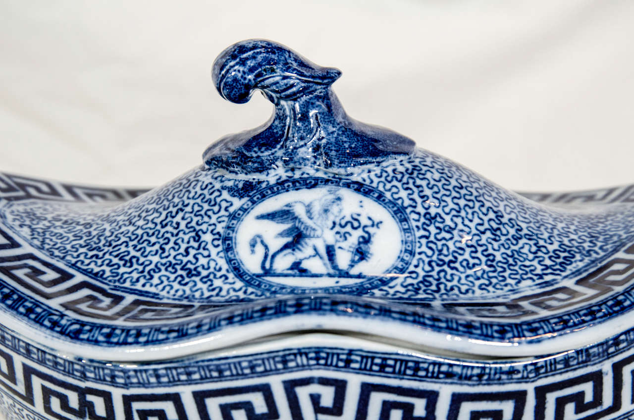 Blue and White Staffordshire Neoclassical Tureen w/ Greek Key In Excellent Condition In Katonah, NY