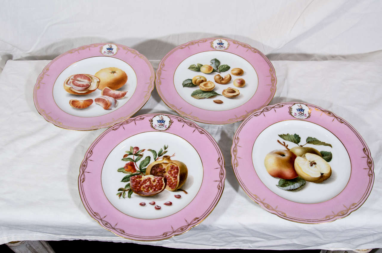 19th Century A Set of a Dozen French Old Paris Armorial Dessert Plates with Fruit