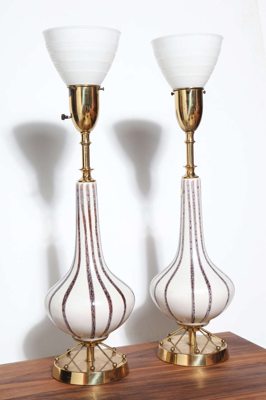 Pair of Rembrandt Lamp Co. Painted Ceramic, Brass & Glass Shade Table Lamps  1