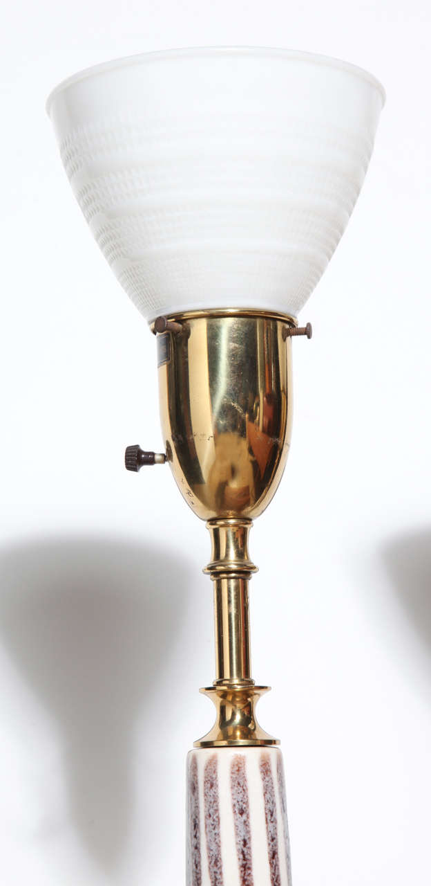 Hollywood Regency Pair of Rembrandt Lamp Co. Painted Ceramic, Brass & Glass Shade Table Lamps 