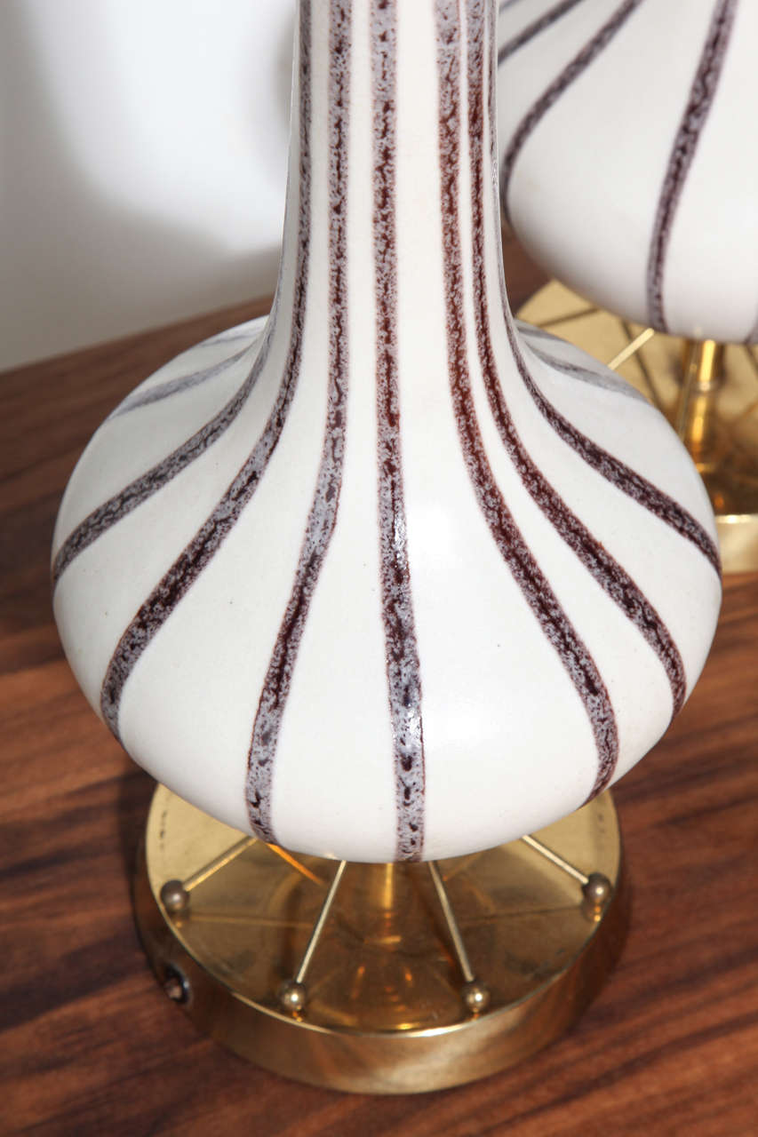 American Pair of Rembrandt Lamp Co. Painted Ceramic, Brass & Glass Shade Table Lamps 
