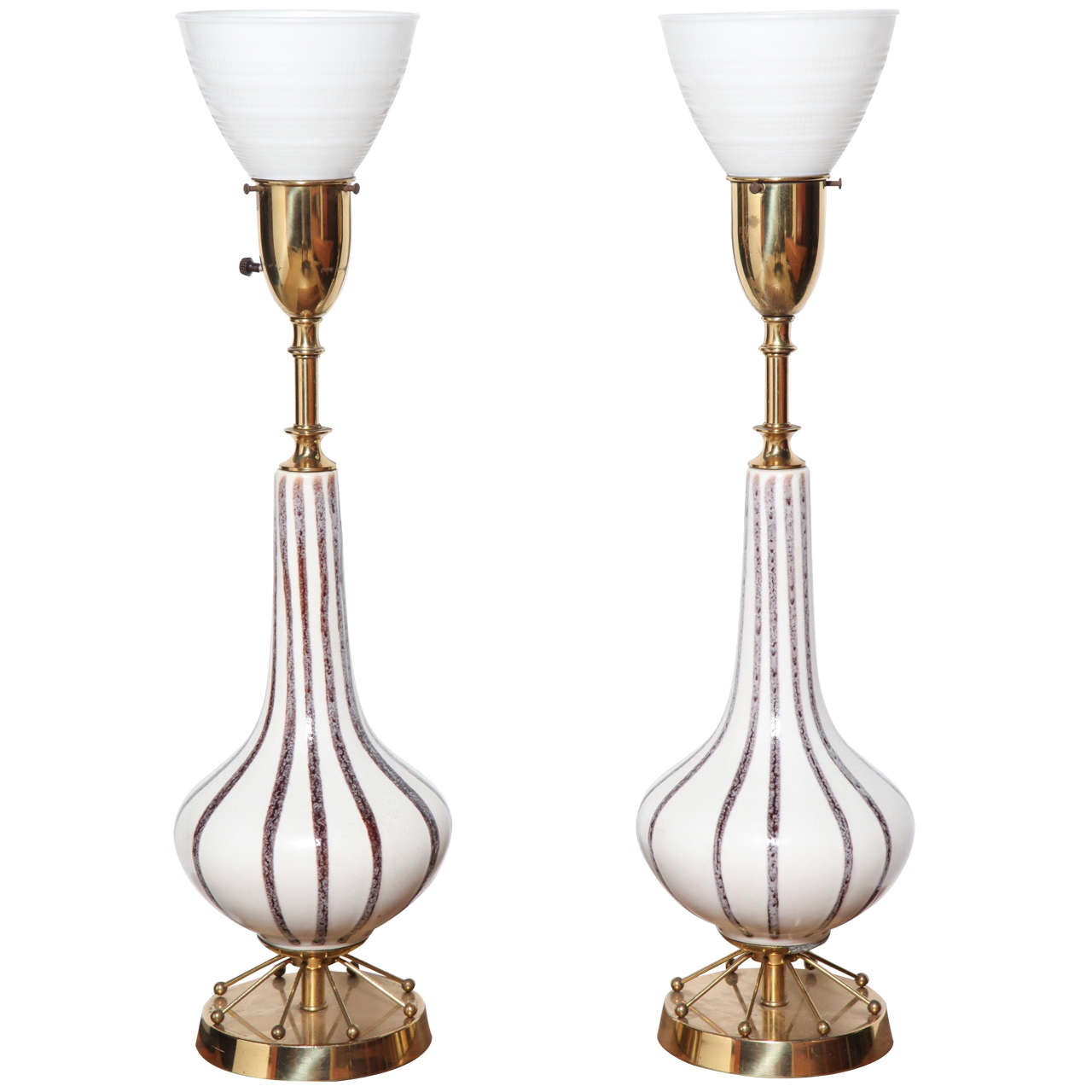 Pair of Rembrandt Lamp Co. Painted Ceramic, Brass & Glass Shade Table Lamps 