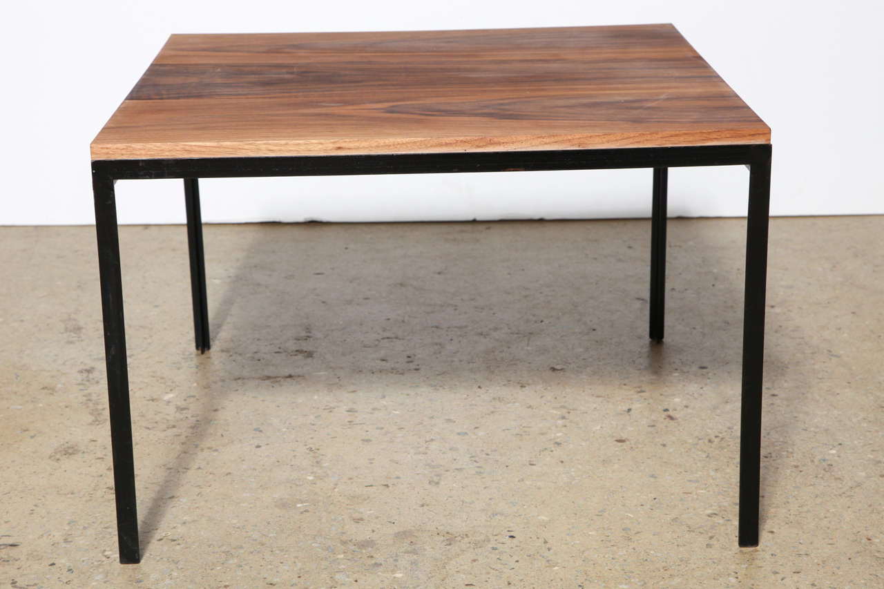 American Mid Century Florence Knoll for Knoll Associates Black Walnut & Black Iron Side Table, End Table, Occasional Table.  Featuring Classic T angle Black Iron base with replaced surface in beautifully grained solid .75