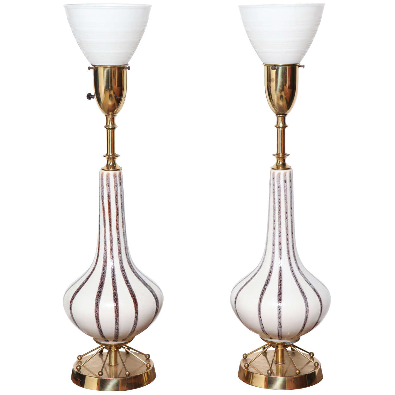 Pair of Rembrandt Painted White Ceramic with Brass and Glass Shade