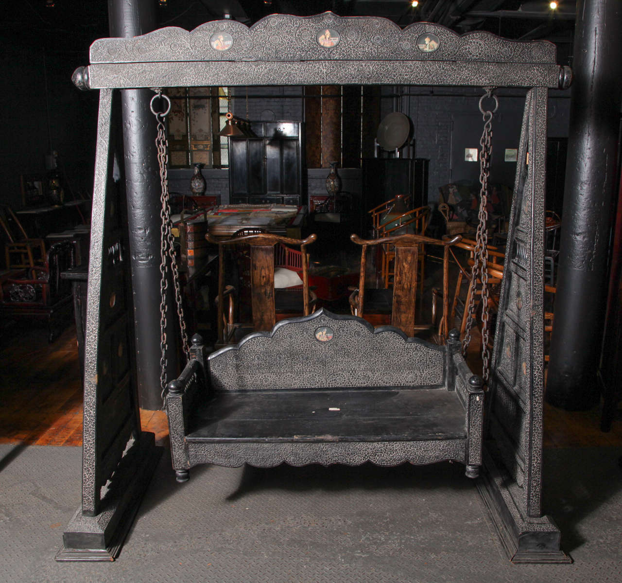 Rare Indian Carved Wood Temple Swing.
