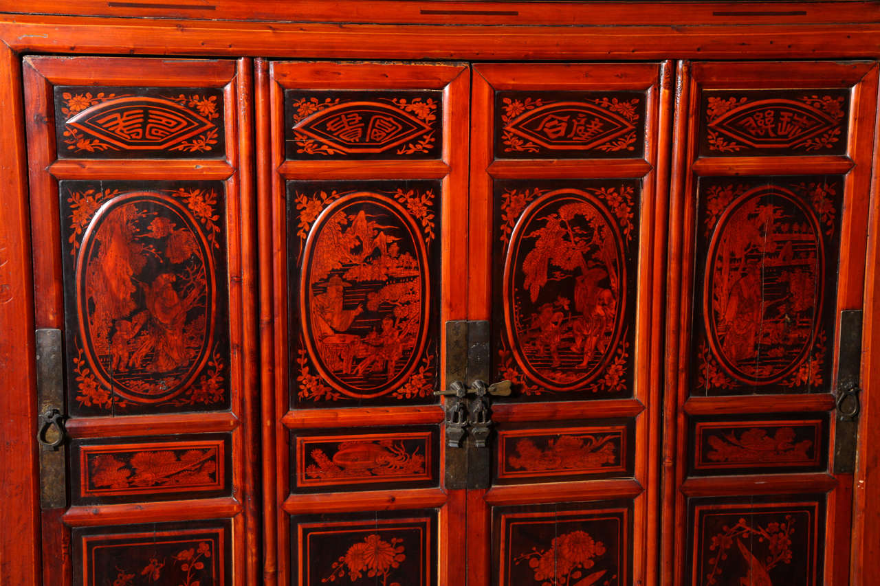 20th Century Chinese Turn of the Century Lacquered Four-Door Cabinet with Painted Motifs