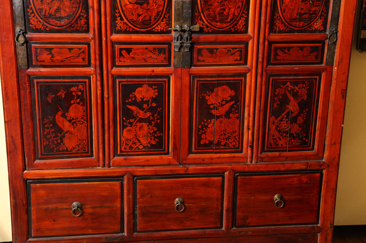 Wood Chinese Turn of the Century Lacquered Four-Door Cabinet with Painted Motifs