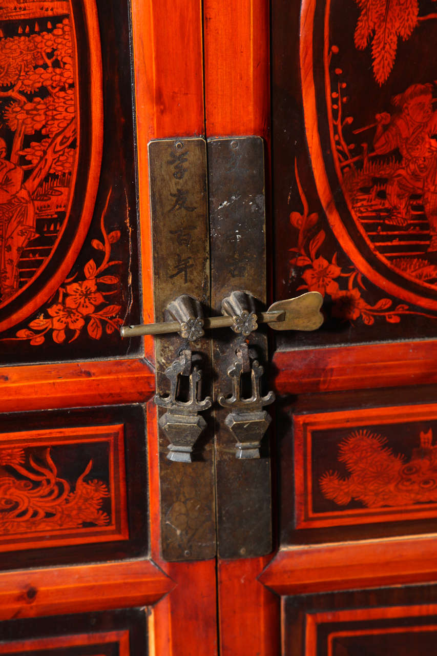 Chinese Turn of the Century Lacquered Four-Door Cabinet with Painted Motifs 1