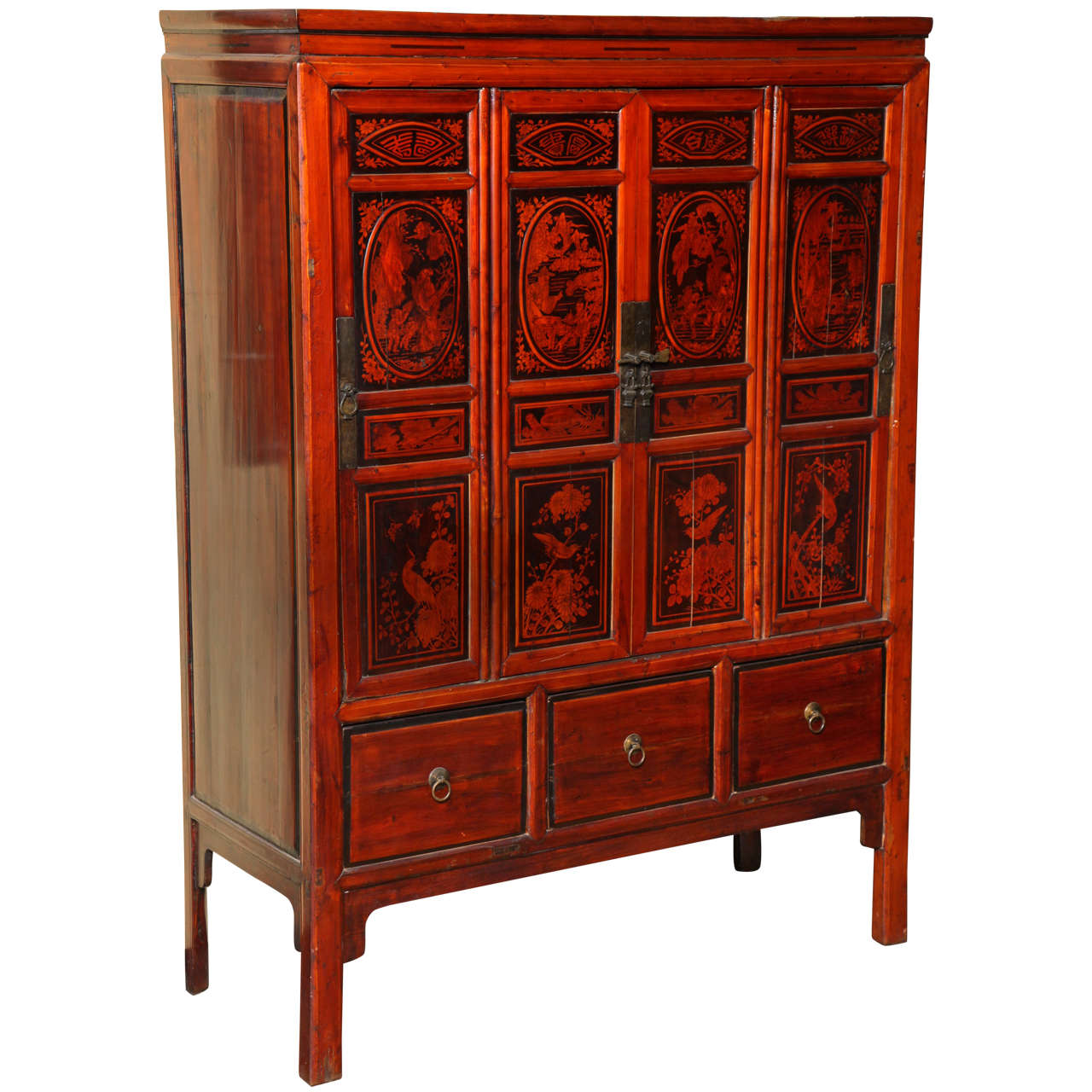 Chinese Turn of the Century Lacquered Four-Door Cabinet with Painted Motifs