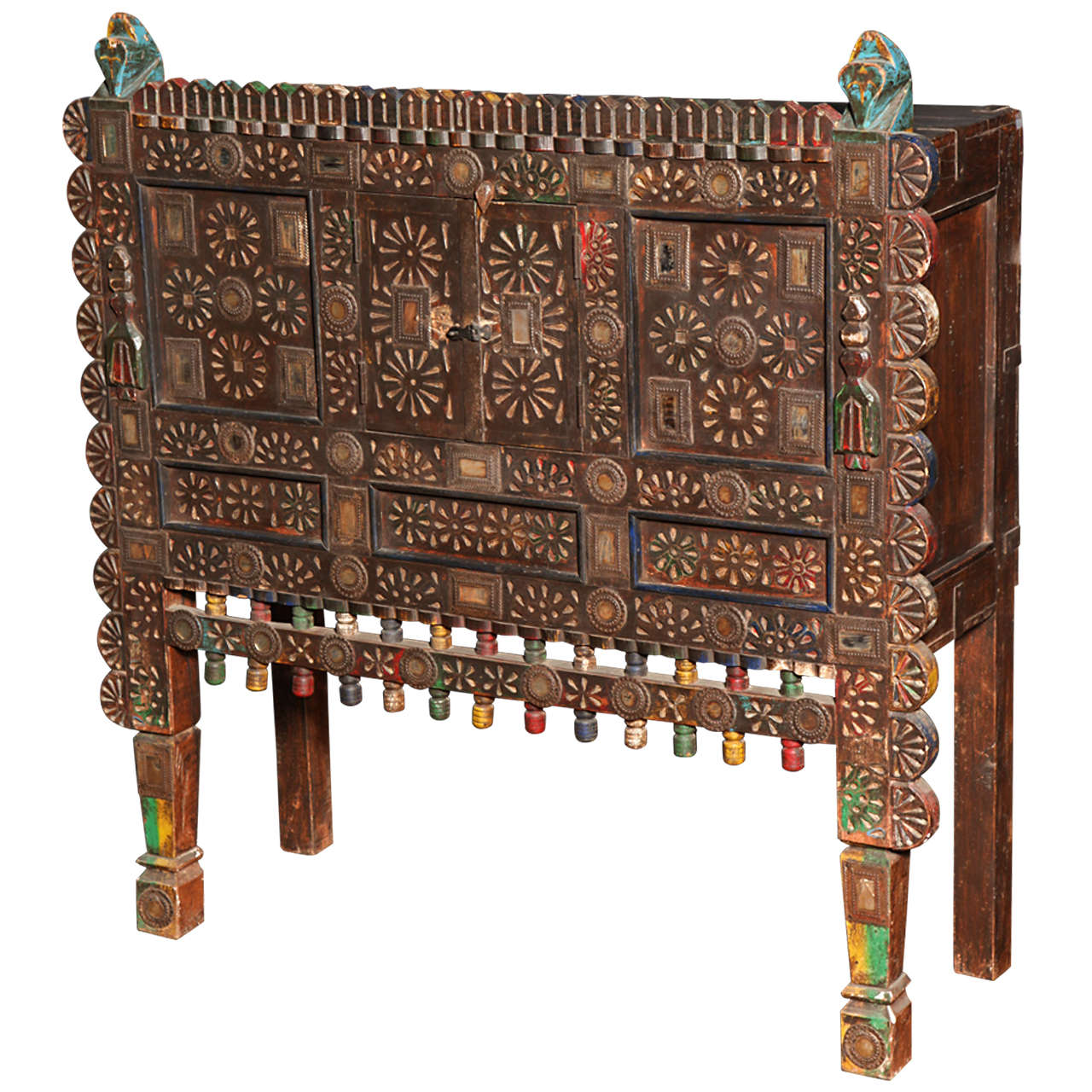 Vintage Folk Art Gujerati Shesham Wood ThreeDoor with Colorful