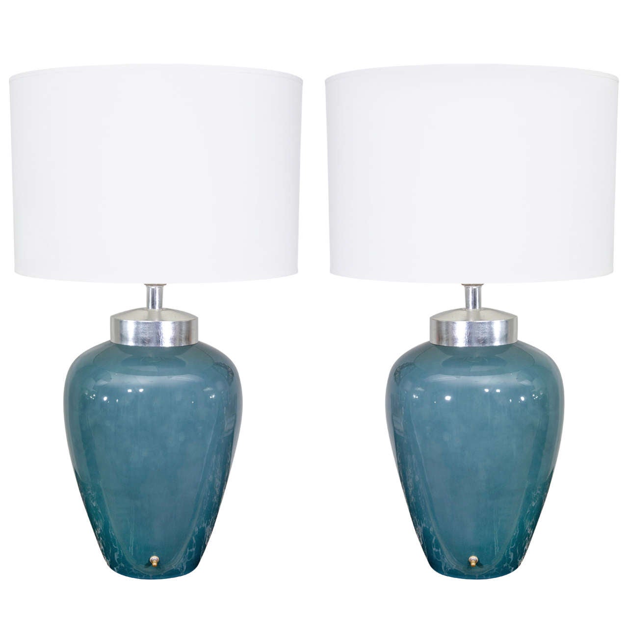 Pair of Porcelain Lamps in Teal with Silver Leafed Mounts For Sale