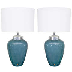 Pair of Porcelain Lamps in Teal with Silver Leafed Mounts