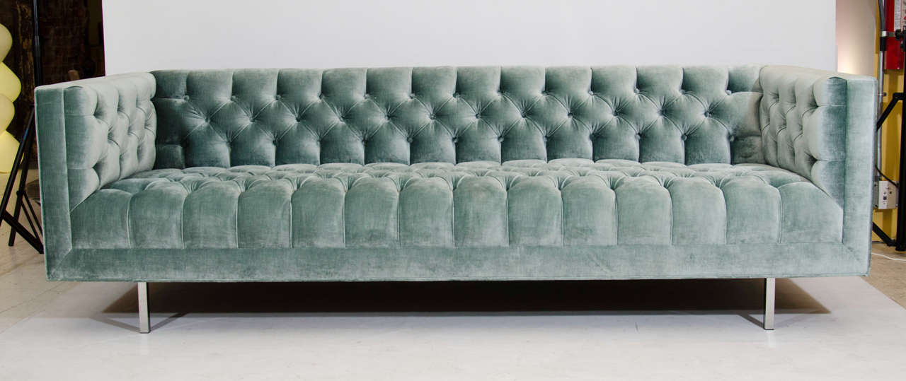 Beautiful and plush, button tufted sofa in a light blue/green velvet. This is a design by Las Venus which we refer to as the Ludlow custom sofa, licensed exclusively by and for Las Venus, in your size and choice of 69 shades; the velvet shown or