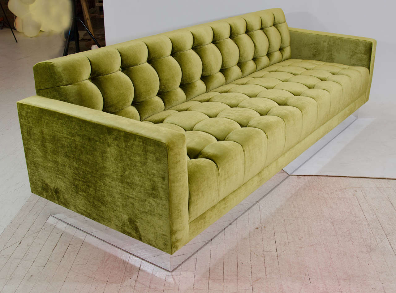 Mid-Century Modern Deeply Tufted Floating Velvet Sofa For Sale