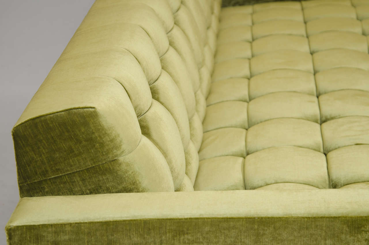 Deeply Tufted Floating Velvet Sofa In Good Condition For Sale In New York, NY