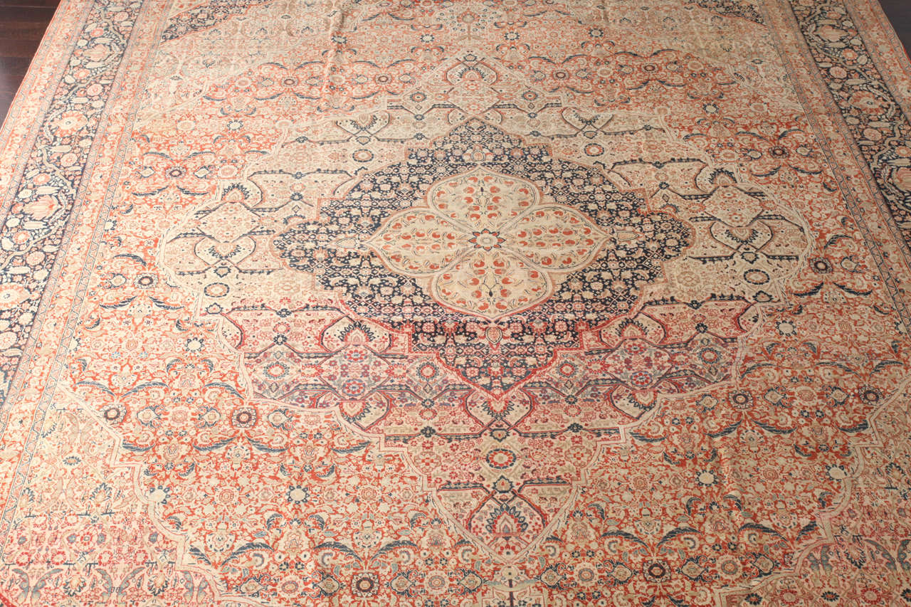 Vegetable Dyed Antique 1880s Haji Jalili Persian Rug, Butterfly Medallion, 12' x 17' For Sale