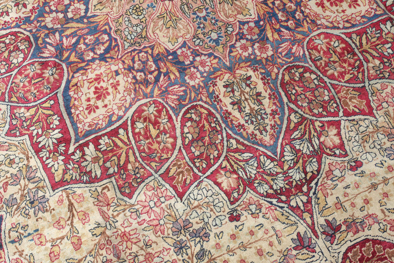 Vegetable Dyed Antique 1880s Persian Mahan Kermanshah Rug, Blue, Green, Pink, Cream, 11' x 17' For Sale