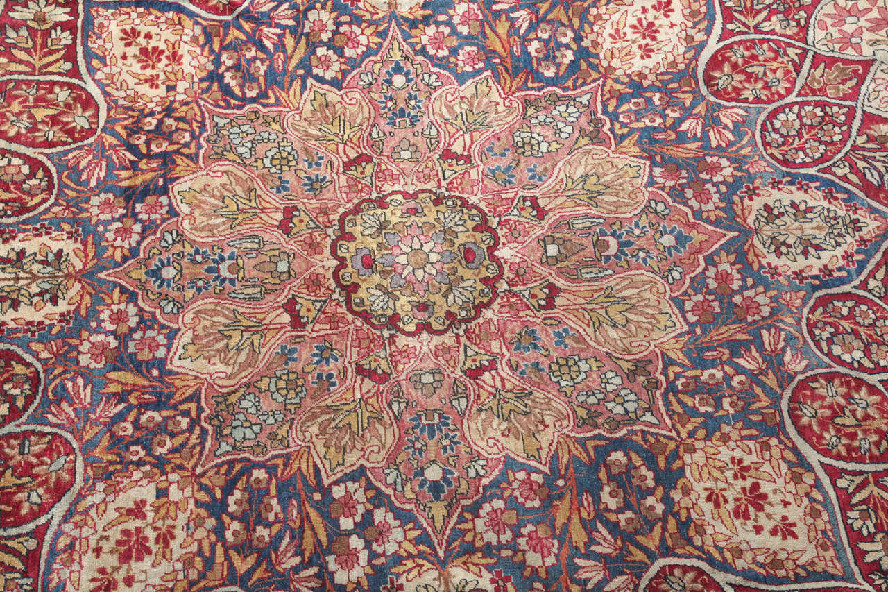 Antique 1880s Persian Mahan Kermanshah Rug, Blue, Green, Pink, Cream, 11' x 17' In Excellent Condition For Sale In New York, NY