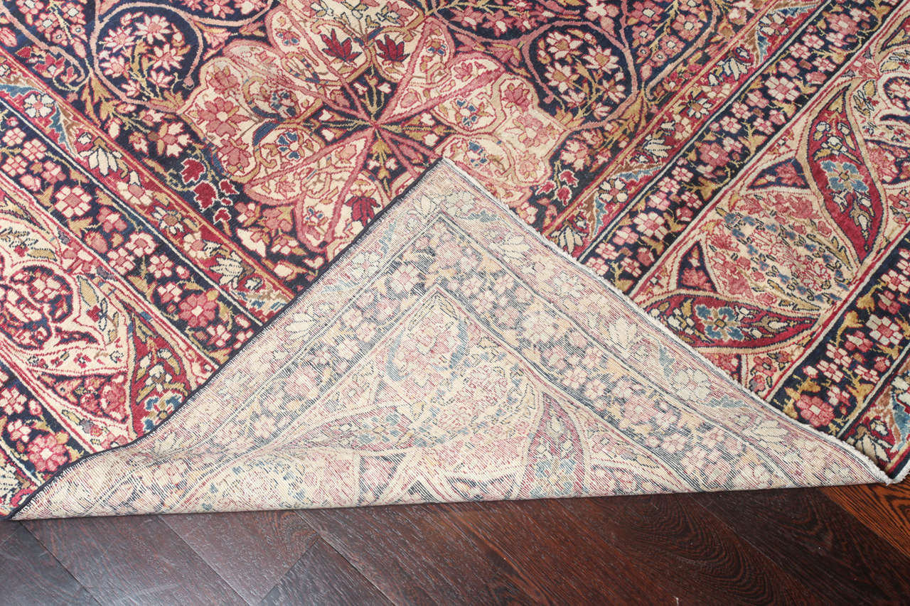 Wool Antique 1880s Persian Mahan Kermanshah Rug, Blue, Green, Pink, Cream, 11' x 17' For Sale