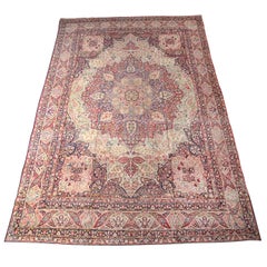 Tappeto antico Mahan Kermanshah persiano del 1880, blu, verde, rosa, crema, 11' x 17'