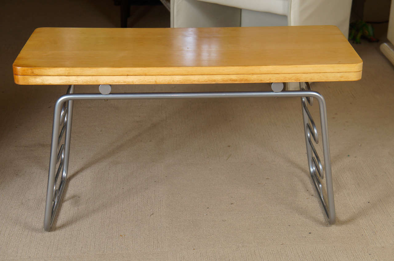A unique small Midcentury maple bench or table with chromed steel