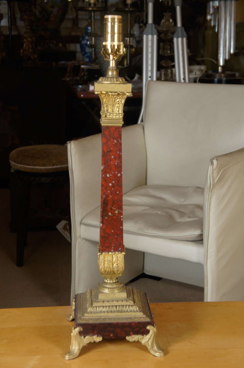 A French  style of Louis XVI Rouge Marble Candlestick Lamp.