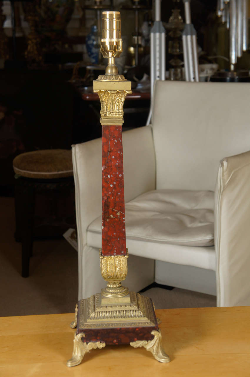 French style of Louis XVI Rouge Marble Candlestick Lamp In Excellent Condition In Hudson, NY