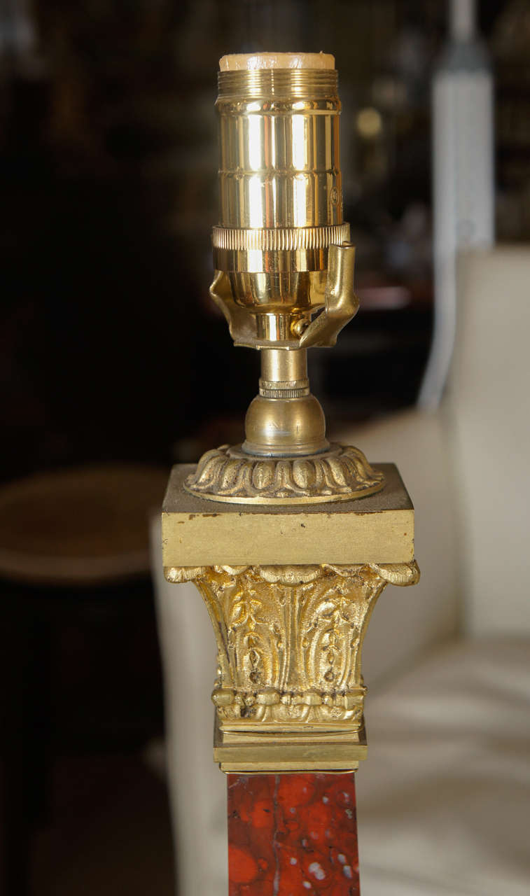 18th Century and Earlier French style of Louis XVI Rouge Marble Candlestick Lamp