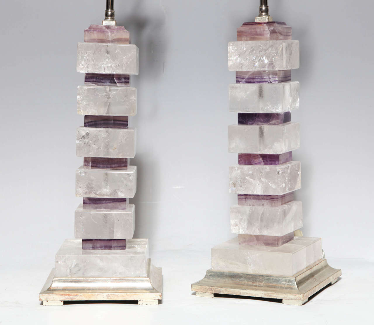 Pair of Rock Crystal and Amethyst Quartz Crystal Geometric-Patterned Lamps 3