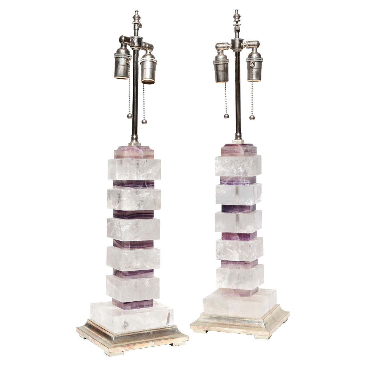 Pair of Rock Crystal and Amethyst Quartz Crystal Geometric-Patterned Lamps