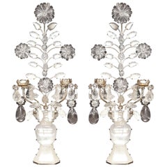 Pair of Double-Light Rock Crystal Quartz and Silvered Bronze Wall Sconces