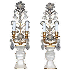 Pair of French Baguese Style, Rock Crystal and Dore Bronze, Two Light Sconces